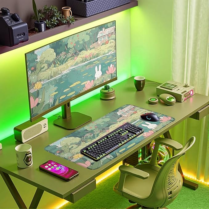 Cute Kawaii Bunny Anime Green Plant Desk Mat Large Mouse Pad Gaming Desk Pad Accessories for Women Office Decor Long Laptop Keyboard Mouse Mat