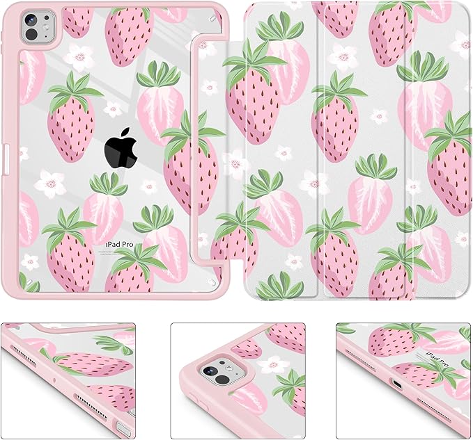 May Chen Case for iPad Pro 11-Inch M5/M4 2025/2024 (6th/5th Generation), [Penceil Holder] Trifold Stand Auto Wake/Sleep Clear TPU Protection Back Cover, Strawberries