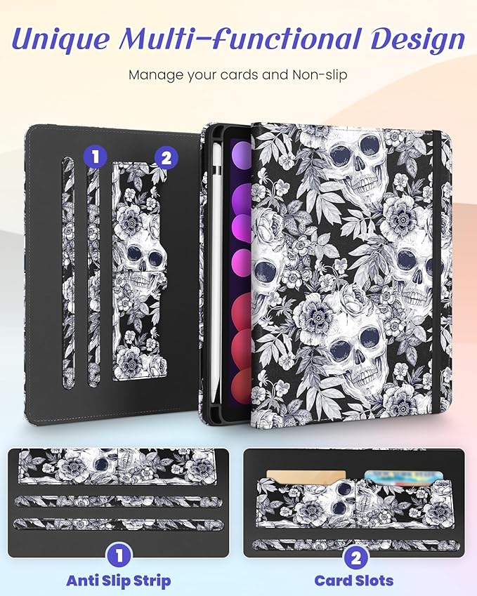 Kidcube for iPad mini 7 Case A17 Pro 2024, for iPad mini 6th Generation Case 8.3 Inch - Women Girls Cute Rotating Stand Folio Cover with Pencil Holder & Card Slot Flowers Goth Skull Unique Cover