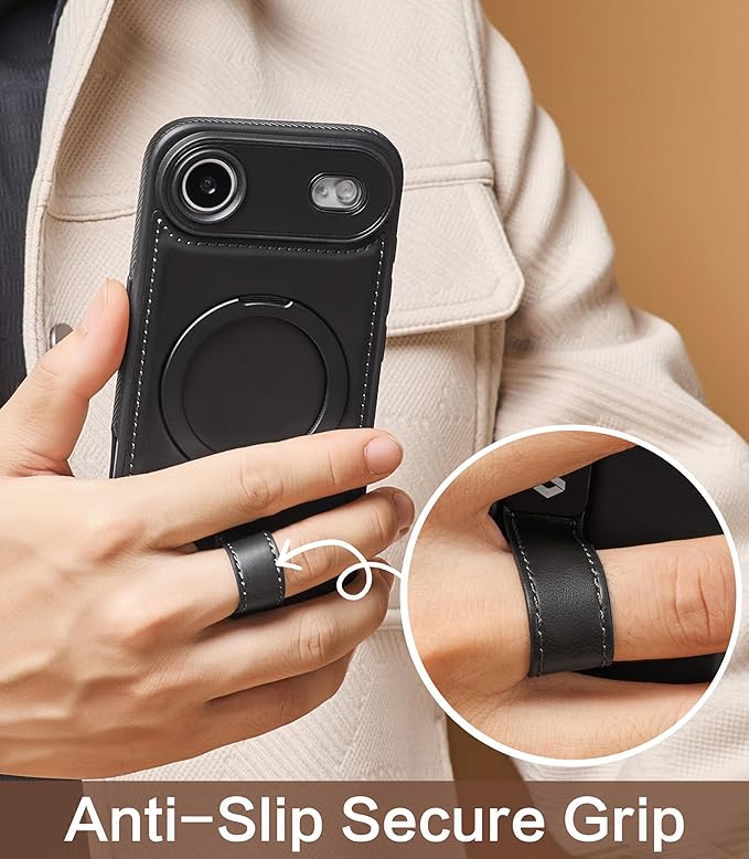 Butaiga for iPhone Air Leather Case with Stand, Anti-Slip Grip Ring, Fits for MagSafe (Black, iPhone Air)