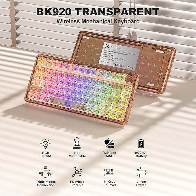 Transparent Mechanical Keyboard, 80-Key RGB Backlit Wireless Gaming Keyboards, Hot Swap Customizable Clear Acrylic Design, Quiet Linear Switches, 3 Modes BT5.0/2.4G/USB-C 4000mAh Battery (Brown)