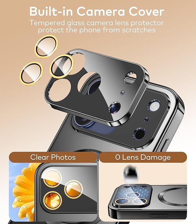 TOBOVON Magnetic for iPhone 17 Pro Case with Ring Stand, Fits MagSafe, with Built-in Camera Cover, Slim Electroplated Shockproof Phone Case, Black