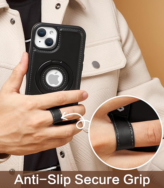 Butaiga for iPhone 15 Plus/iPhone 14 Plus Leather Case with Stand, Anti-Slip Grip Ring, Fits for MagSafe (Black, iPhone 15/14 Plus)
