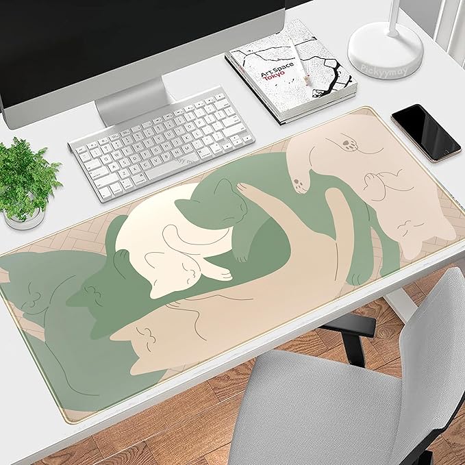 Cute Sleeping Cats Desk Mat Matcha Green Desk Pad, Minimalist Boho Mouse Pad XXL, Cream Tan Gaming Deskmat, Large Kawaii Keyboard Mat, Fun Office Decor Desk Accessories for Women 31.5"x15.75"