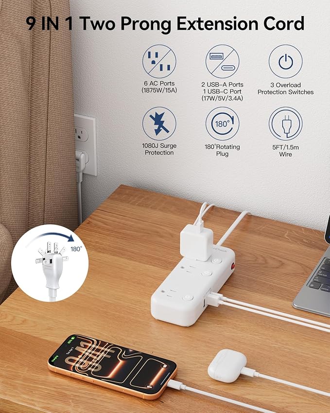 2 Prong Power Strip - 2 Prong to 3 Prong Outlet Adapter, 2 Prong Extension Cord with USB C, Surge Protector 1875W with 6 Outlets 3 USB, Three Prong Adapter 5ft, Wall Mount, Non Grounded, Old House