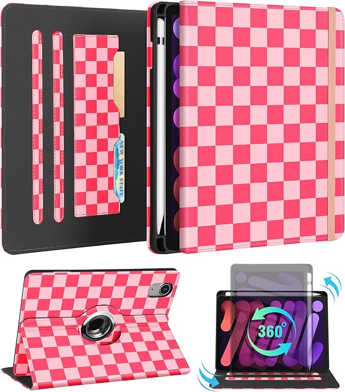 Kidcube for iPad mini 7 Case A17 Pro 2024, for iPad mini 6th Generation Case 8.3 Inch - Women Girls Cute Rotating Stand Folio Cover with Pencil Holder & Card Slot Girly Pretty Unique Teens Cover