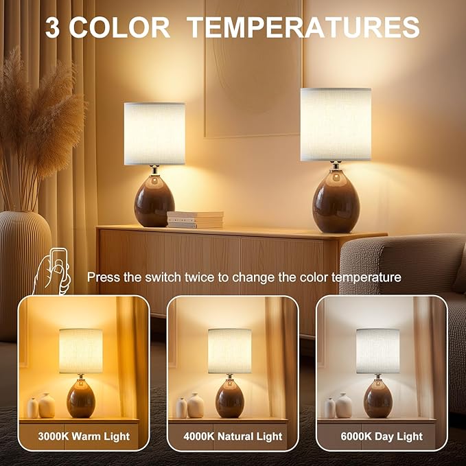 Dawnwake 18.5" Table Lamp Set of 2 for Living Room Bedroom, Bedside Lamps for Night Stands, Desk Nightstand Lamp Dimmable, Modern Linen Cream Ceramic Lamps (Coffee)