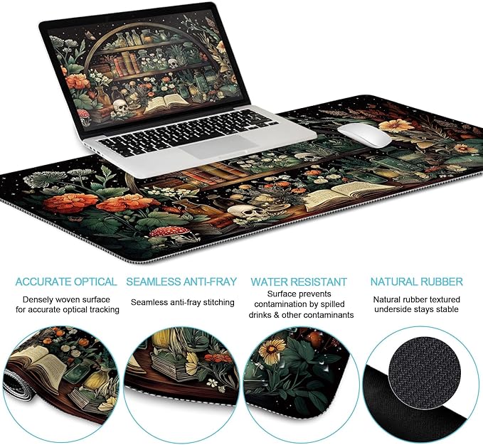 LIMKRIAN Goth Skull Mouse Pad Set Large Desk Mat for Desktop, Ergonomic Mouse Pad with Wrist Rest for Gaming, Keyboard Mat Wrist Support Cup Coaster Set, Gothic Office Desk Accessories Decor Supplies