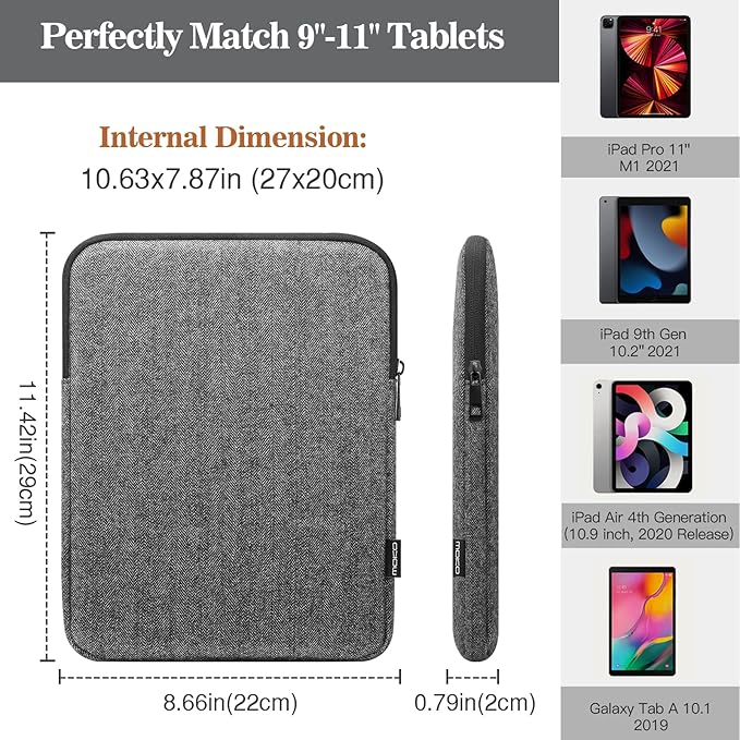 MoKo 9-11 Inch Tablet Sleeve Bag Carrying Case Fits iPad air 5 10.9" 2022, iPad Pro 11 M2 2022-2018, iPad 10th 10.9,iPad 9/8/7th Gen 10.2,iPad Air 4 10.9/Air 3 10.5,Tab S8/S9 11", Black & Gray