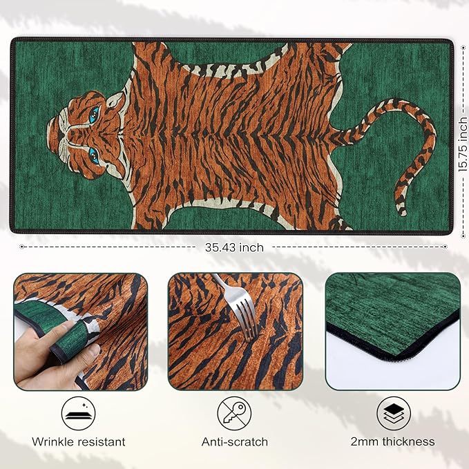 Tiger Desk Mat for Keyboard and Mouse, Non Slip Large TigerHide Desk Mat, Smooth Gaming Mouse Pad, Long Mouse Pad for Gaming Office Home 35.4 x 15.7 Inches (Emerald Green)