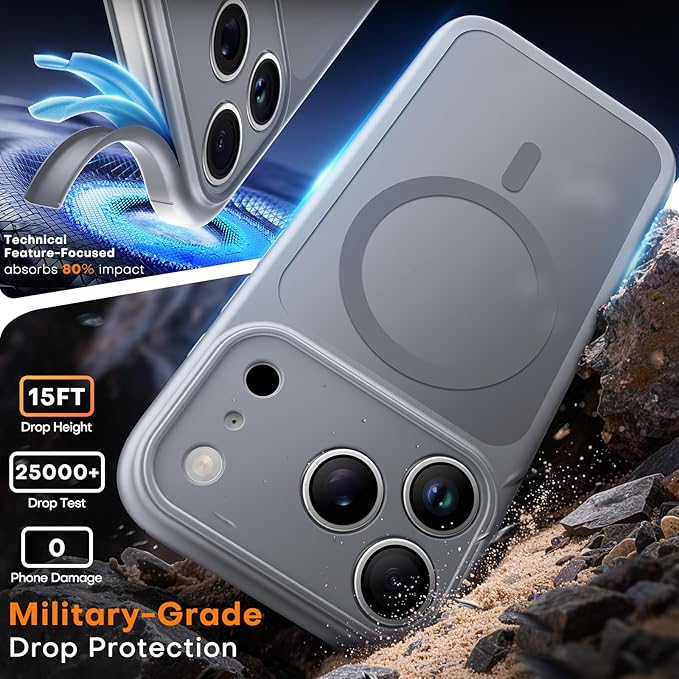 TAURI for iPhone 17 Pro Case, Compatible with MagSafe, (Full Camera Protection) Camera Control Cover Solid-Color Matte Magnetic Phone Case for 17 Pro 6.3", Grey
