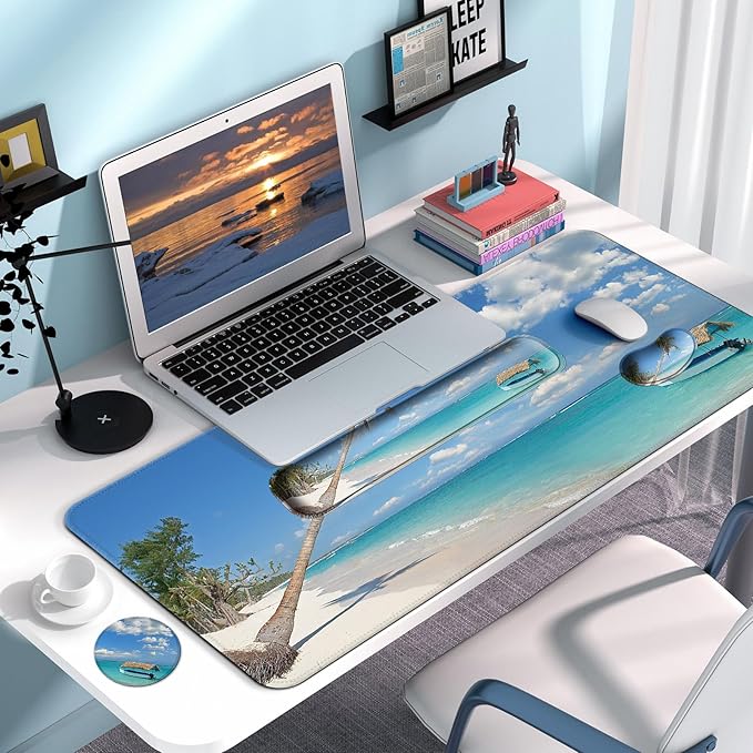 Keyboard Wrist Rest + Mouse Pad with Wrist Support + Desk Mat + Coaster 4 in 1 Set, XXL Large Gaming Mousepad Cute Ergonomic Mouse Pads for Desk Computer Laptop Office Decor-Blue Sea