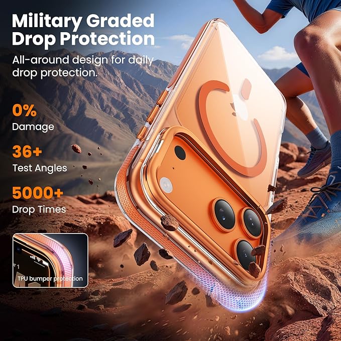 2 in 1 for iPhone 17 Pro Max Case,[1 Screen Protector],7X Military-Grade Drop Protection,Fits MagSafe,Tough, Rugged & Durable for Heavy Duty iPhone 17 Pro Max Case,Orange-Clear