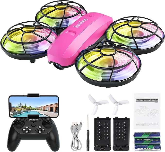 Swifsen Kids Drone with Camera & Optical Flow Positioning - Mini RC Quadcopter with Full Protection Guard, 2 Modular Batteries, Colorful LED Lights - Easy to Fly Gift for Boys & Beginners (Upgraded Version).
