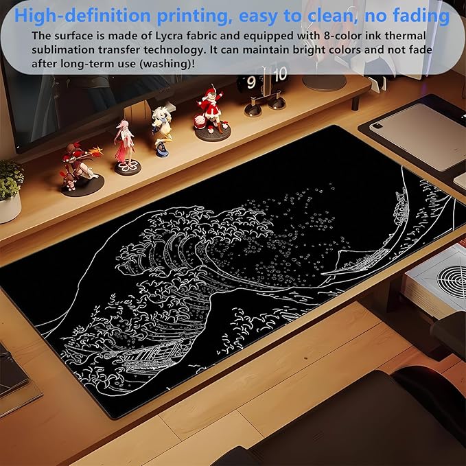 Japanese Great Wave Off Kanagawa Gaming Mouse Pad - XL Extended Ukiyo-e Art Desk Mat, Non-Slip Waterproof Rubber Base & Stitched Edges, 31.5 x 15.7 Inch Large Computer Mousepad