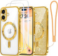 Meifigno Case Designed for iPhone 16 6.1 inch, [Compatible with MagSafe] [2X Screen Protectors] [Glitter Card & Wrist Strap] Surround Lens Protection Designed for iPhone 16 Case Girls, Gold