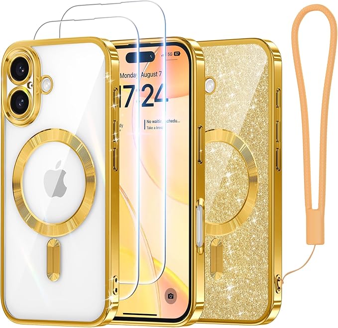Meifigno Case Designed for iPhone 16 6.1 inch, [Compatible with MagSafe] [2X Screen Protectors] [Glitter Card & Wrist Strap] Surround Lens Protection Designed for iPhone 16 Case Girls, Gold