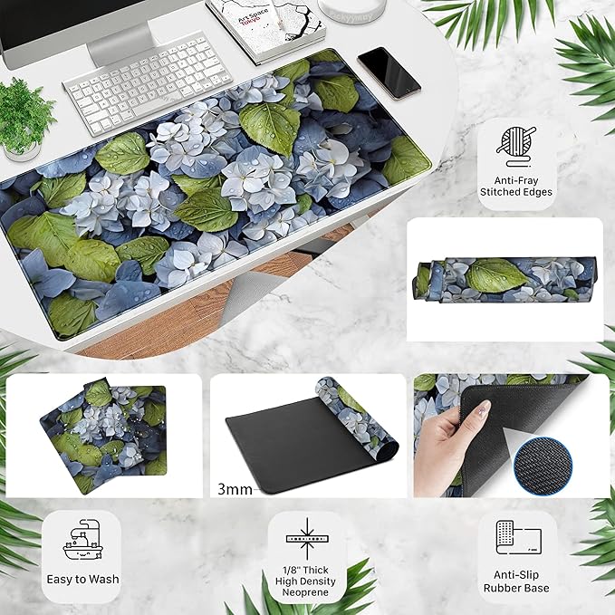 Large Desk Mat Hydrangea Floral Extended Gaming Mouse Pad, Keyboard Mouse Mat for Office & Home, Cottagecore Desk Pad XXL Computer Desktop Pad, Office Desk Accessories for Women 31.5×15.7 Inch