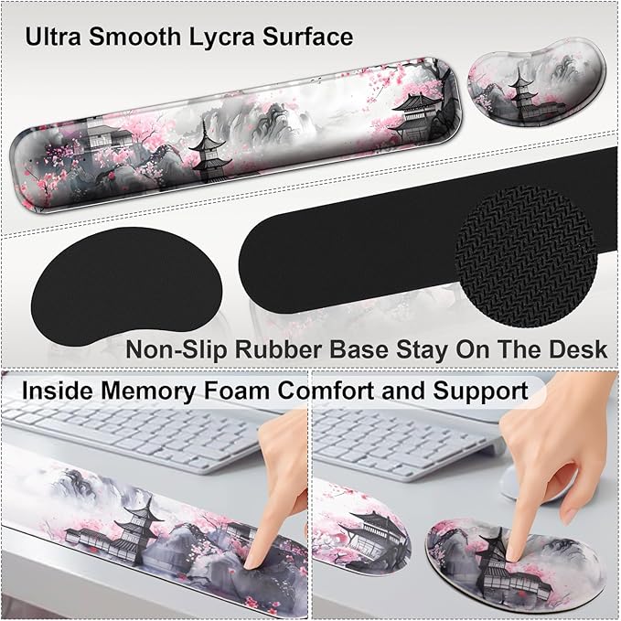 Keyboard Wrist Rest + Mouse Pad with Wrist Support + Desk Mat + Coaster 4 in 1 Set,Desk Matt for Desktop,Cute Large Gaming Ergonomic Mousepad for Computer Laptop Office Home Decor-Japanese Anime