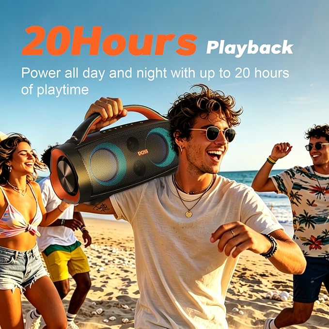 DOSS Extreme Boom Pro 100W Loud Outdoor Speaker, 2+2 Channel, IPX6 Waterproof, Bluetooth 5.3, 20H Playtime, Dynamic RGB Lights, Portable Speaker for Camping, Beach, Pool, Working Outside - Orange