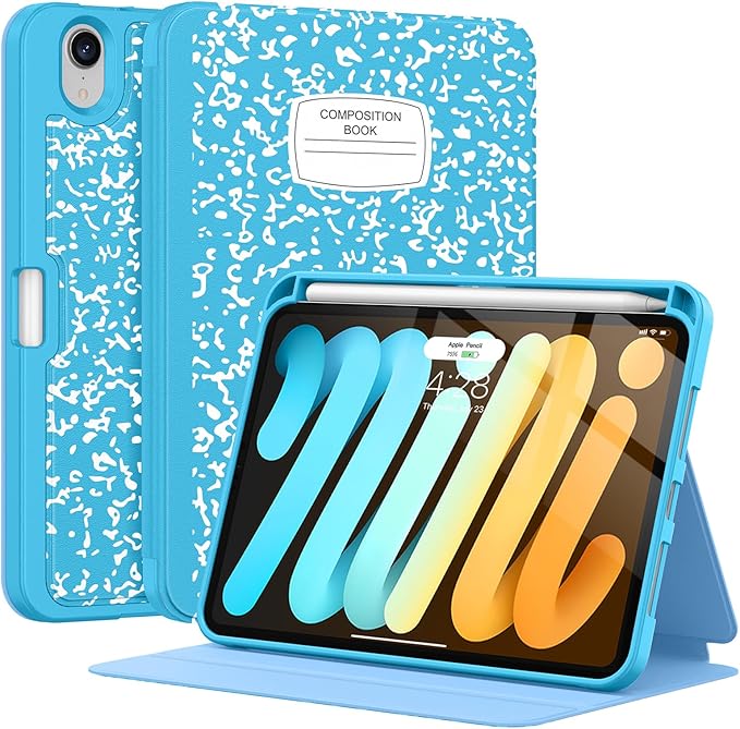 Supveco Case for iPad mini 7 (A17 Pro) 2024/iPad Mini 6 2021 8.3 Inch with Pencil Holder-[Auto Wake/Sleep],Slim Protective Case with Soft TPU Back Cover for iPad mini 7th/6th Generation-Sky