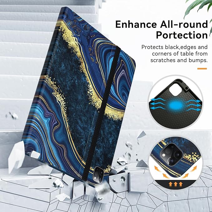 Zonefoker Case for New iPad Pro 12.9 inch 6th/5th/4th/3rd Generation 2022/2021/2020/2018, 12.9'' ipad Pro Leather Protective Cover 6/5/4/3 Gen with Pencil Holder, Auto Wake/Sleep, Marble Ocean Blue