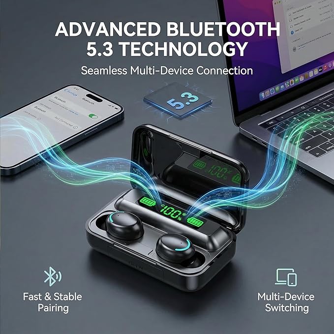 Wireless Earbuds, Bluetooth 5.3 Headphones, Touch Control Noise Cancellation, HiFi Stereo with LED Display Charging Case, Suitable for Fitness/Running/Work