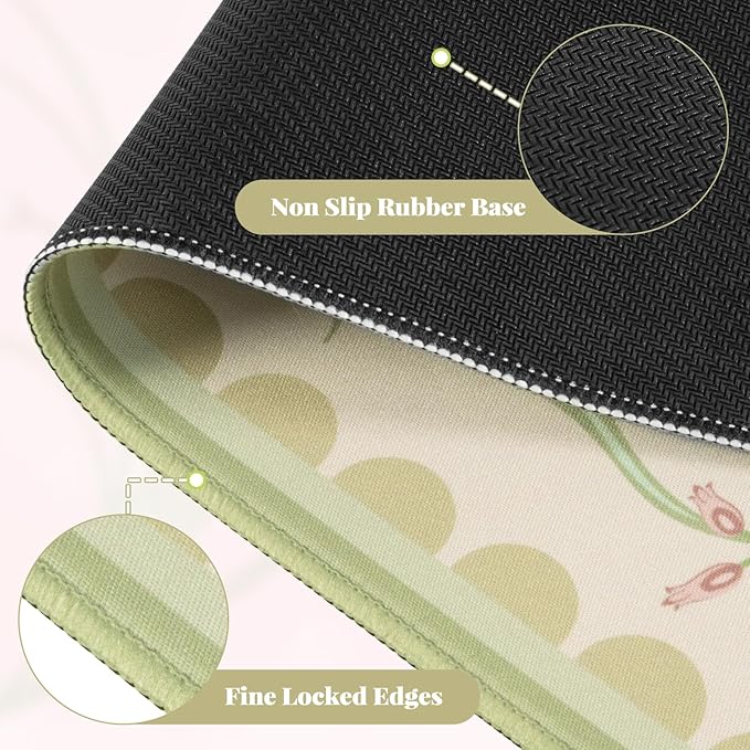 iLeadon Desk Matt for Desktop, Large Floral Stitched Edges Long Full Desk Mat for Laptop, Soft Mouse Pad for Keyboard, Green Desk Keyboard Mat for Office Home Beige/Green