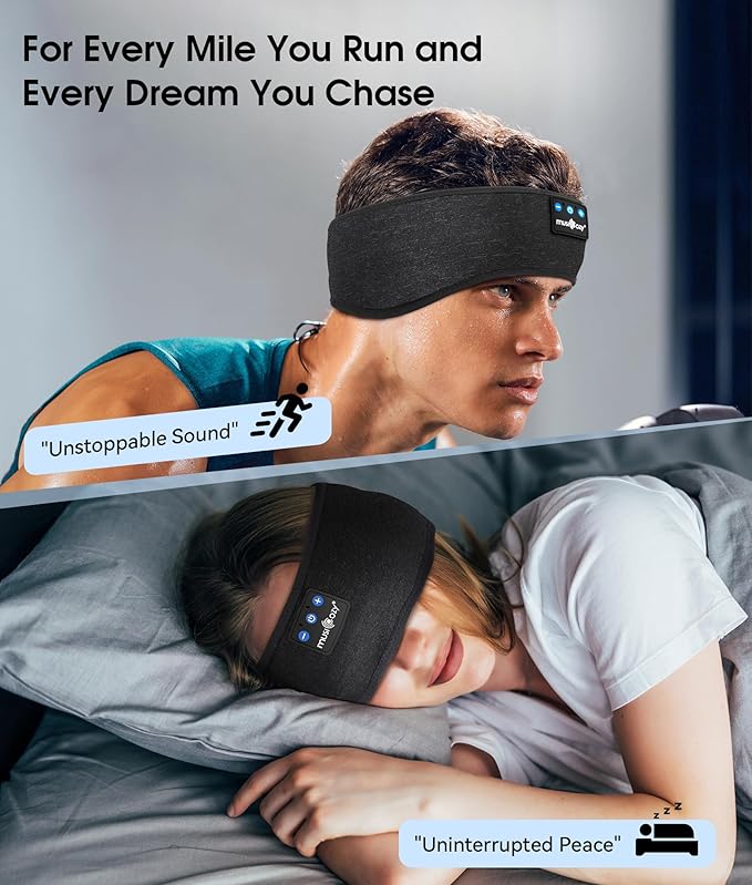 MUSICOZY Sleep Headphones Bluetooth 5.4 Headband, Wireless Earphones Music Sleep Earbuds Sleeping Eye Mask with HD Stereo Speakers for Workout Running Travel Yoga, Ideal Gifts (Double-Sided Black)