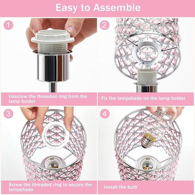 GyroVu Pink Crystal Table Lamp, Touch Control Bedside Lamps with USB-C+A Charging Ports, Dimmable Nightstand Small Desk Lamp Set of 2 for Girl Bedroom, Living Room, Office(Buld Included)