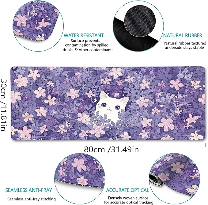 LIMKRIAN Cat Purple Mouse Pad Large Desk Mat, Kawaii Purple Computer Mousepad with Stitched Edges Non-Slip, Keyboard Mouse Pad for Desktop Cute Office Supplies Desk Decor Accessories 31.5x11.8 in