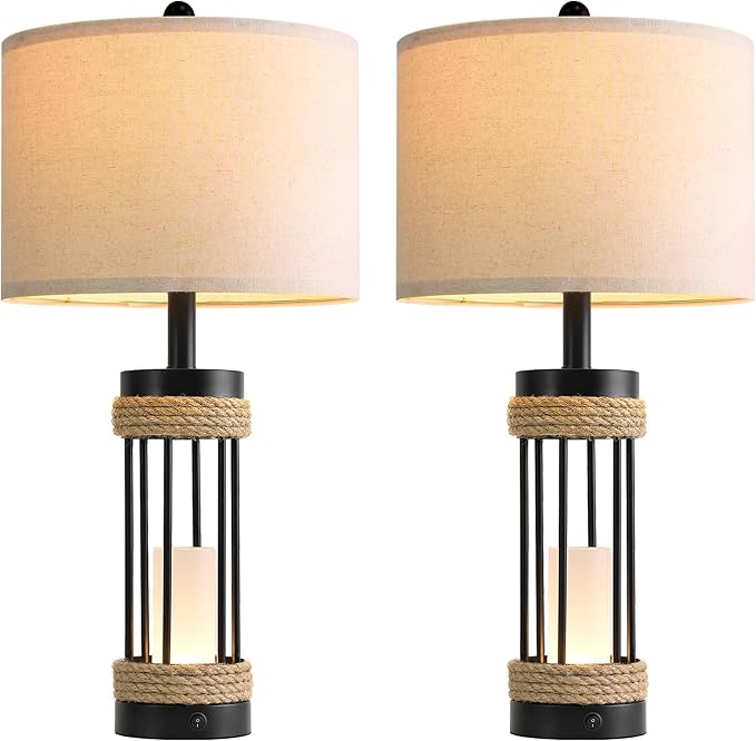 OYEARS 25" Table Lamps Set of 2 with Night Light, Rustic Bedside Lamps with USB C+A Charging Ports, Black Metal Lamp with Rope Accent and Frosted Glass, Farmhouse Lamps for Living Room Bedroom