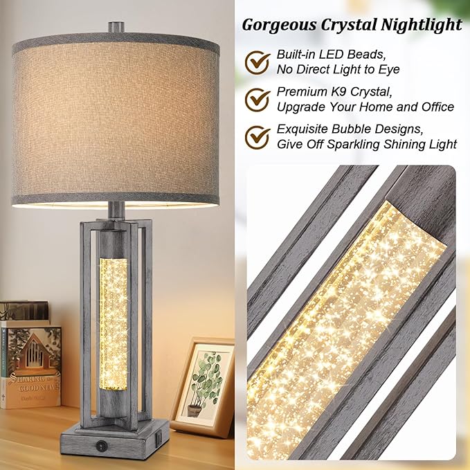 TOBUSA 26’’ Farmhouse Table Lamps for Living Room Set of 2, Modern Nightstand Lamps with Crystal Night Light & 2 USB Ports, Vintage Home Decor Grey Bedside Lamps with Gray Linen Shade for Bedroom