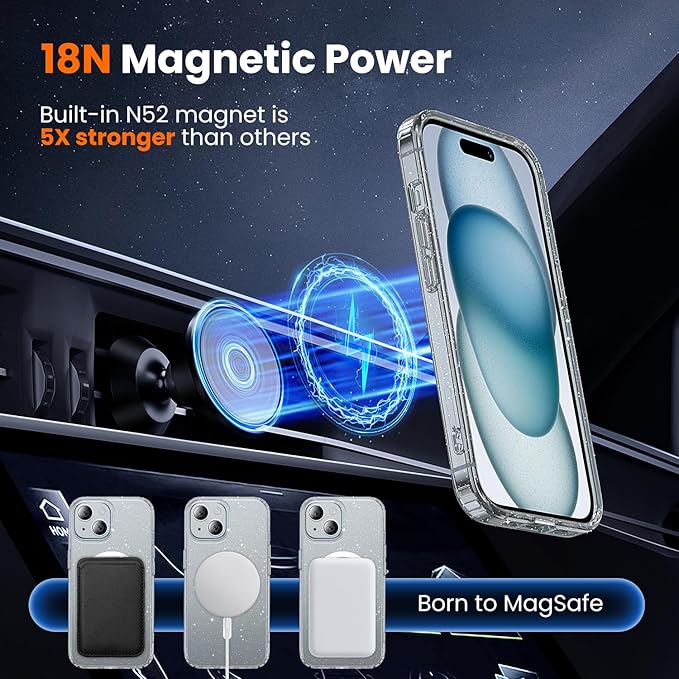 toushion 3 in 1 for iPhone 15 Case Clear with MagSafe, Not Yellowing, Screen Protector*1 Camera Lens Protector*1, Military-Grade Protection for iPhone 15 Phone Case 6.1 inch Clear Glitter