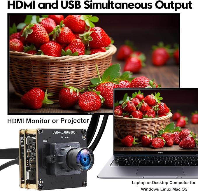 4K HDMI USB3.0 Simultaneous Output Camera, H.264 High Speed 60fps Low Illumination Color Webcam, 100° Wide Angle No Distortion Lens, Plug & Play for Windows Linux Android