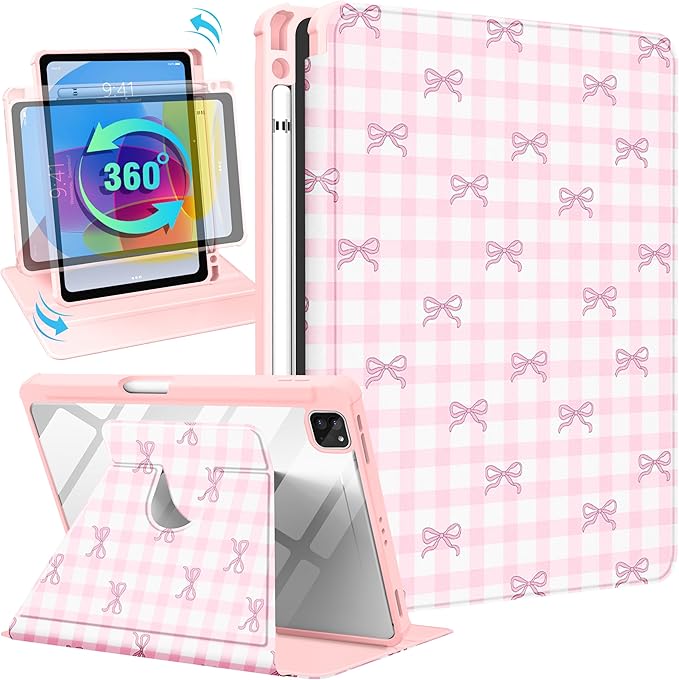 Uppuppy for iPad Air 11 inch Case(Air M4 2026, 8th Gen/M3 2025/M2)/Air 5th/4th Gen 10.9", for iPad Pro 11 inch Case(4th/3rd/2nd/1st Gen) - 360 Rotating Folio Cover with Pencil Holder, Pink Bow Plaid