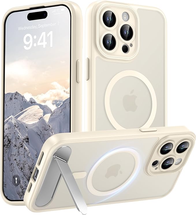 Magnetic Compatible with iPhone 15 Pro Max Case, [Built-in Kickstand][Full Camera Protection][Compatible with MagSafe][Anti-Fingerprint] Shockproof Phone Case for iPhone 15 Pro Max 6.7",Beige
