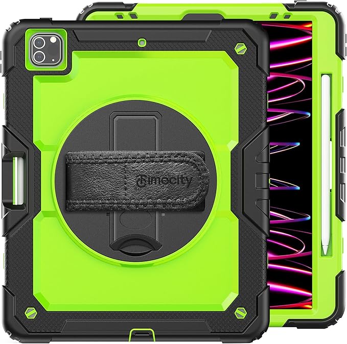 Timecity for iPad Pro 12.9 Case 6th/5th/4th/3rd Gen, 360° Rotating Stand, Pencil Holder & Wireless Charging, Shockproof with Screen Protector & Shoulder Strap - for Designers & Professionals - Green