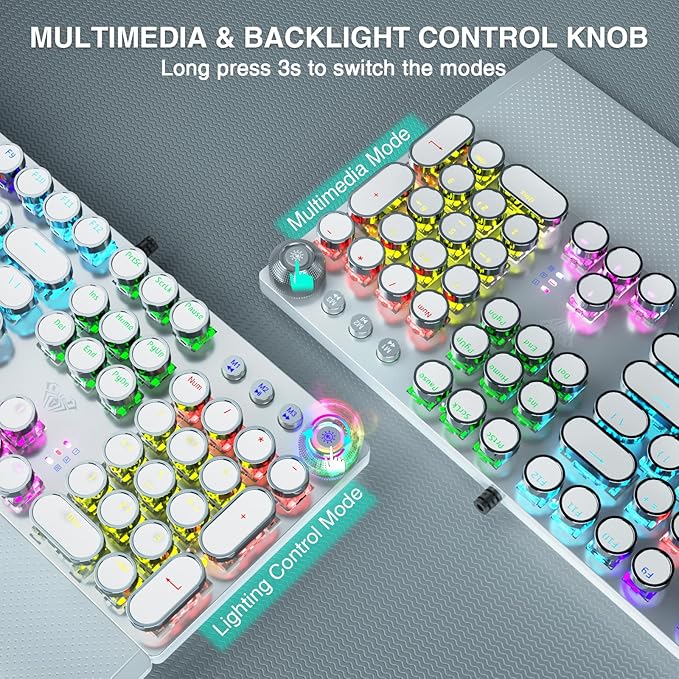 AULA F2088 Typewriter Mechanical Keyboard, White Retro Wired Gaming Keyboard with Blue Switches, Rainbow Backlit, Round Keycaps, Media Knob & Removable Wrist Rest