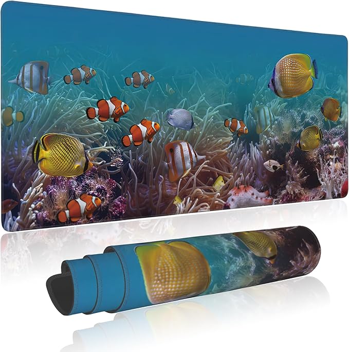 Large Mouse Pad Colourful Underwater World Exotic Fishes Extended Gaming Mouse Pad Non-Slip Desk Mat with Stitched Edge Laptop Computer Keyboard Mousepad for Office Home 35.4" x 15.7"