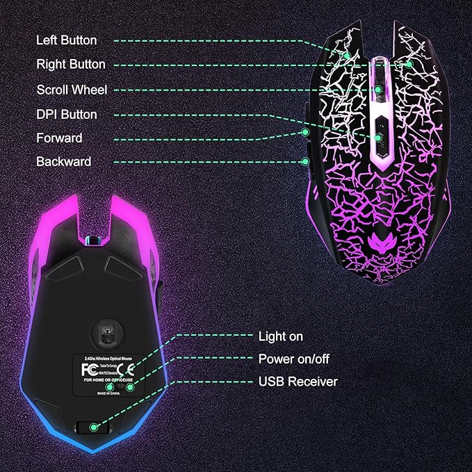 Wireless Gaming Mouse, Rechargeable Wireless Computer Mouse, 7-Color LED Light, Ergonomic Mouse with 6 Silent Click Buttons, 3 Adjustable 2400 DPI Wireless Mouse for Laptop,PC,Mac, Black