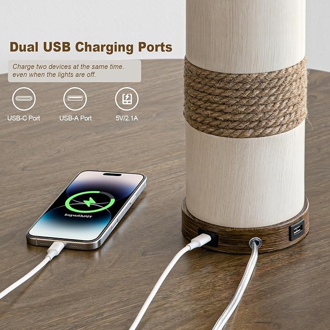 BOBOMOMO 24.5" Farmhouse Boho Table Lamps Set of 2, Hand-Woven Rattan Bedside Lamps with 3-Way Dimmable Touch Control & USB A+C Ports, Nightstand Lamp for Bedroom, Living Room, Corner (Bulbs Included)