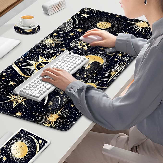 Gaming Mouse Pad, Large Desk Mat, Cute Desk Pad Protector, 4in1 XXL Mousepad + Keyboard Wrist Rest+Mouse Wrist Rest+Coaster Set with Ergonomic Desk Pad for Home Office PC Computer, Stars and Moon