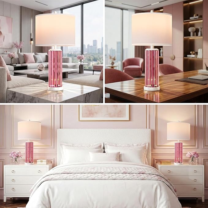 QiMH Table Lamps for Bedroom Set of 2 with Nightlight, Modern Bedside Lamp with USB A+C Charging Port, White Pink Nightstand Lamp for Living Room White Shade Home Decor, 2 Bulbs Included