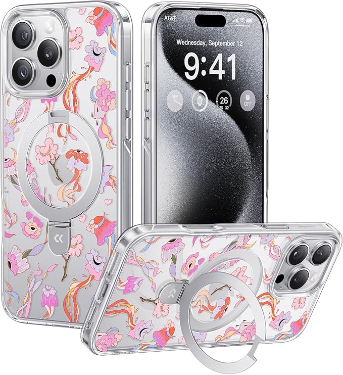 CASEKOO Floral Series [ArtCollab x Leah Han] Floral Jellyfish for iPhone 16 Pro Case with Magnetic Ring Stand [Compatible with MagSafe] [Military-Grade Protection] Clear Back, Soft Edge, for Women