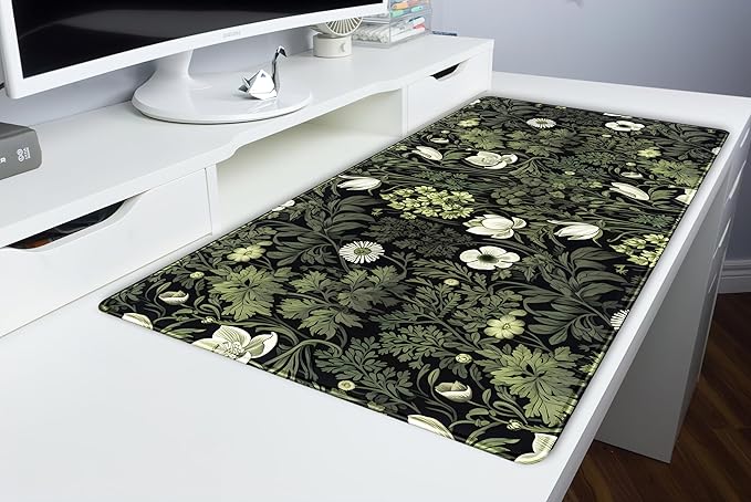 Dark Green Floral Plants XXL Gaming Mousepad & Desk Pad - Nature Leaf Flower Laptop Keyboard Mat 31.5 x 15.75