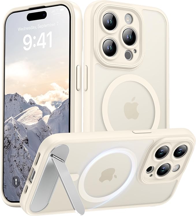 Magnetic Compatible with iPhone 15 Pro Case, [Built-in Kickstand][Full Camera Protection][Compatible with MagSafe][Anti-Fingerprint] Shockproof Phone Case for iPhone 15 Pro 6.1",Beige
