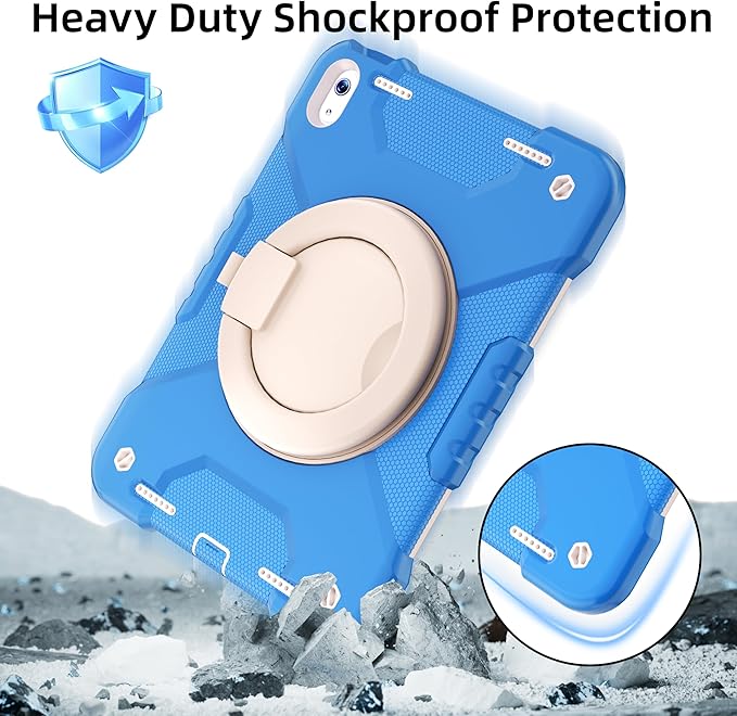 Andnary Case for iPad (A16) 11th Generation 11 inch 2025/10th Generation 10.9 inch 2022, Shockproof Cover with Screen Protector/360° Rotate Handle/Bracket/Pen Holder/Shoulder Strap (Blue+White)