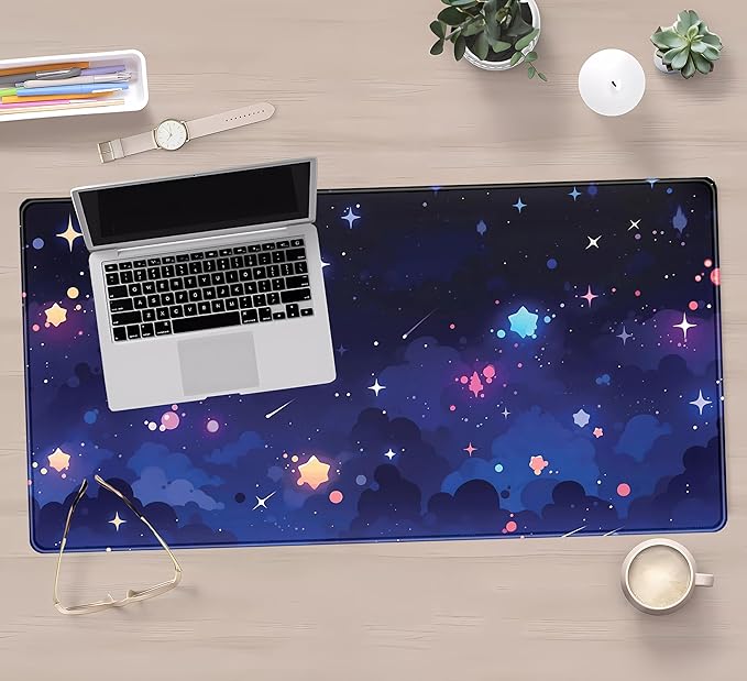 Blue Stars Desk Mat Cute Cloud Desk Pad, Aesthetic Starry Sky Mouse Mat Gaming Mousepad XXL, Extra Large Deskktop Mats for Keyboard and Mouse, Computer Laptop Mat Kawaii Desk Decor 31.5"x15.75"