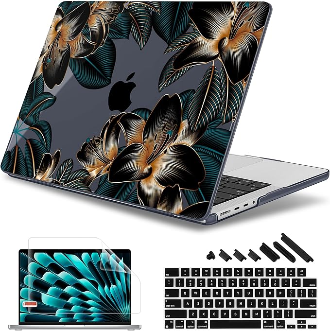 May Chen for 2026 MacBook Pro 14-inch M5 M4 M3 M2 M1 Pro/Max Chip, Release 2026 2025-2021, Model A3427 A3426 A3434 A3112 A3401 A3185, Plastic Hard Shell with Keyboard Cover, Golden Lilies Flowers